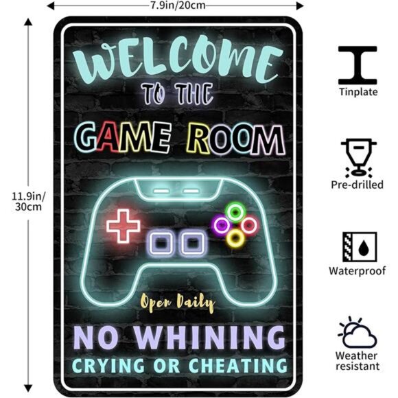 Gaming Room Metal Sign Gamer Wall Decor For Boys Game Room Bedroom Gamers - Picture 2 of 7
